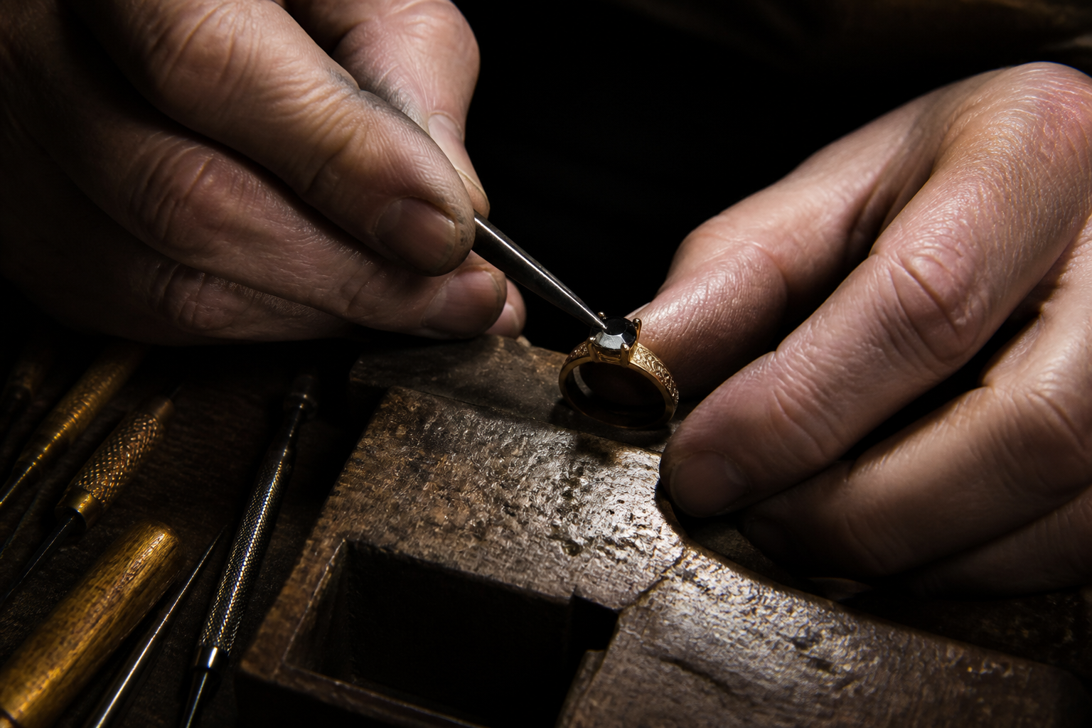 A master jeweler's hands setting a stone into a gold ring at the workbench