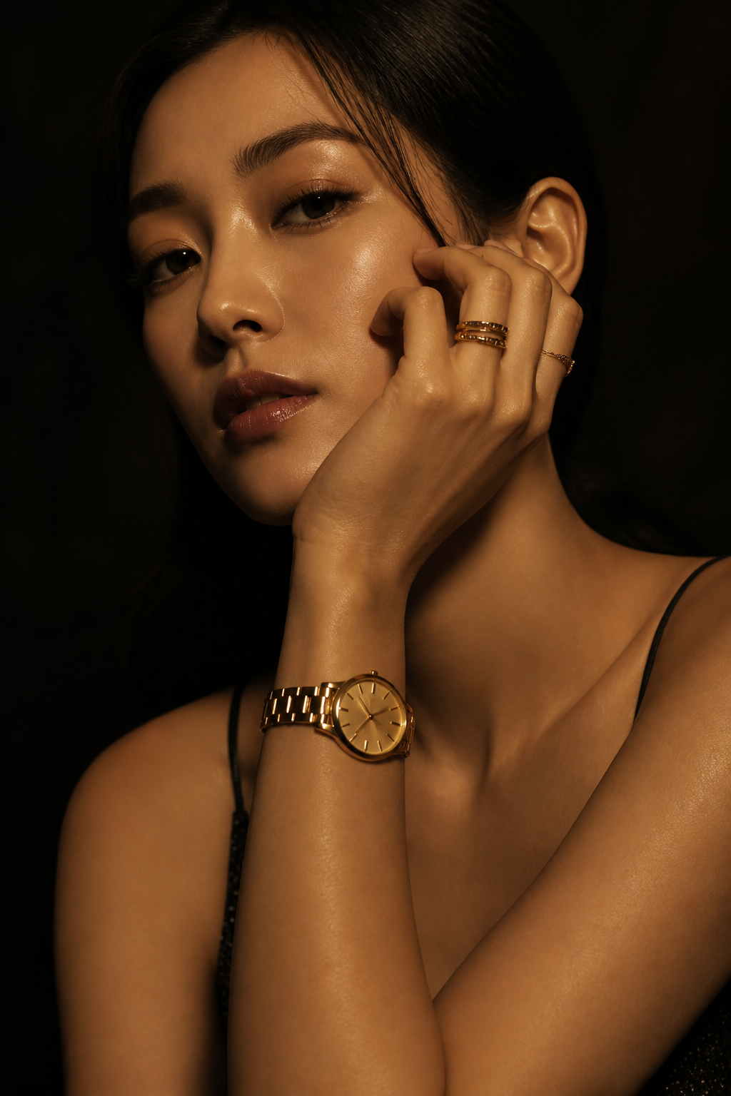 Editorial portrait of a model wearing the Strata Stack rings and the Méridien Watch