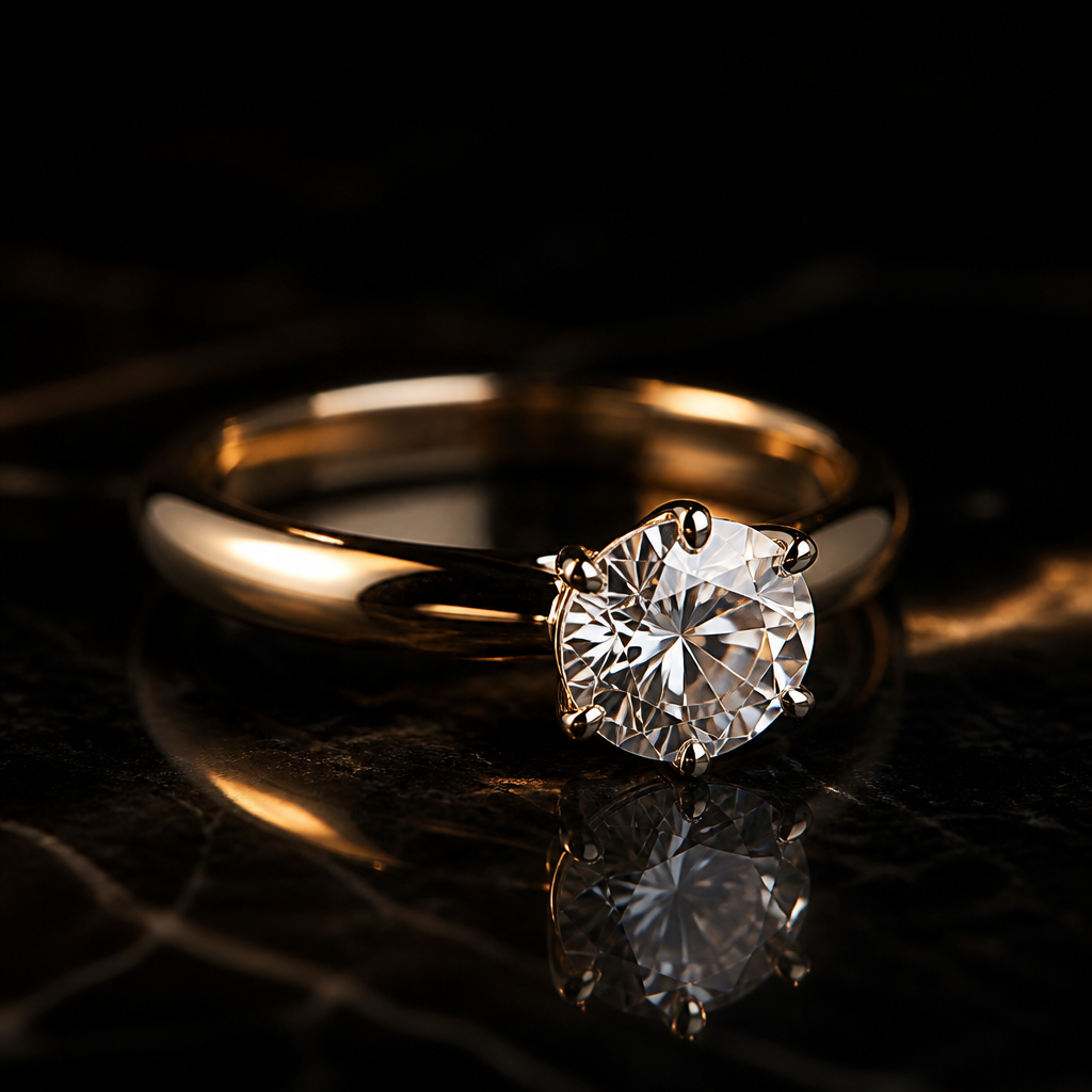 The Solaire Solitaire — a round brilliant diamond solitaire ring in 18k gold