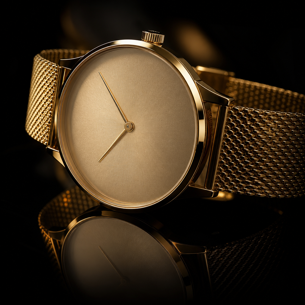 The Méridien Watch — a minimalist gold watch on a mesh bracelet