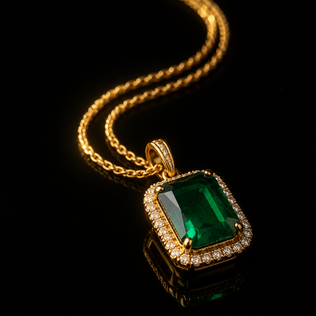 The Émeraude Pendant — an emerald pendant necklace with diamond halo