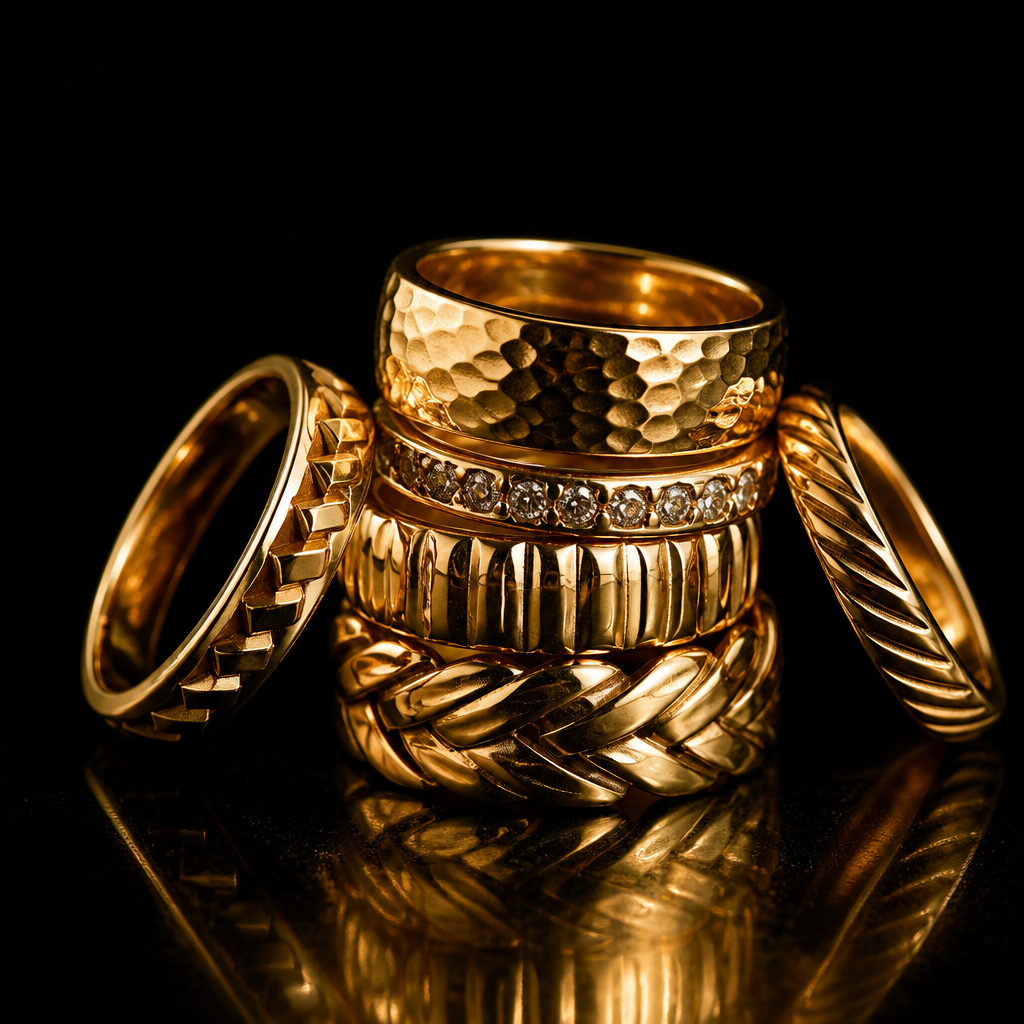The Strata Stack — five stacked gold rings with mixed textures